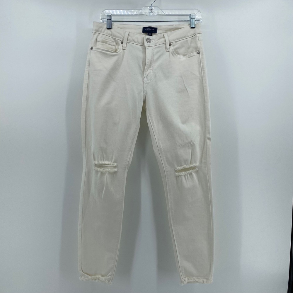 Just USA Women White Distressed Skinny Jeans Size 30 Raw Hem Knee Slit